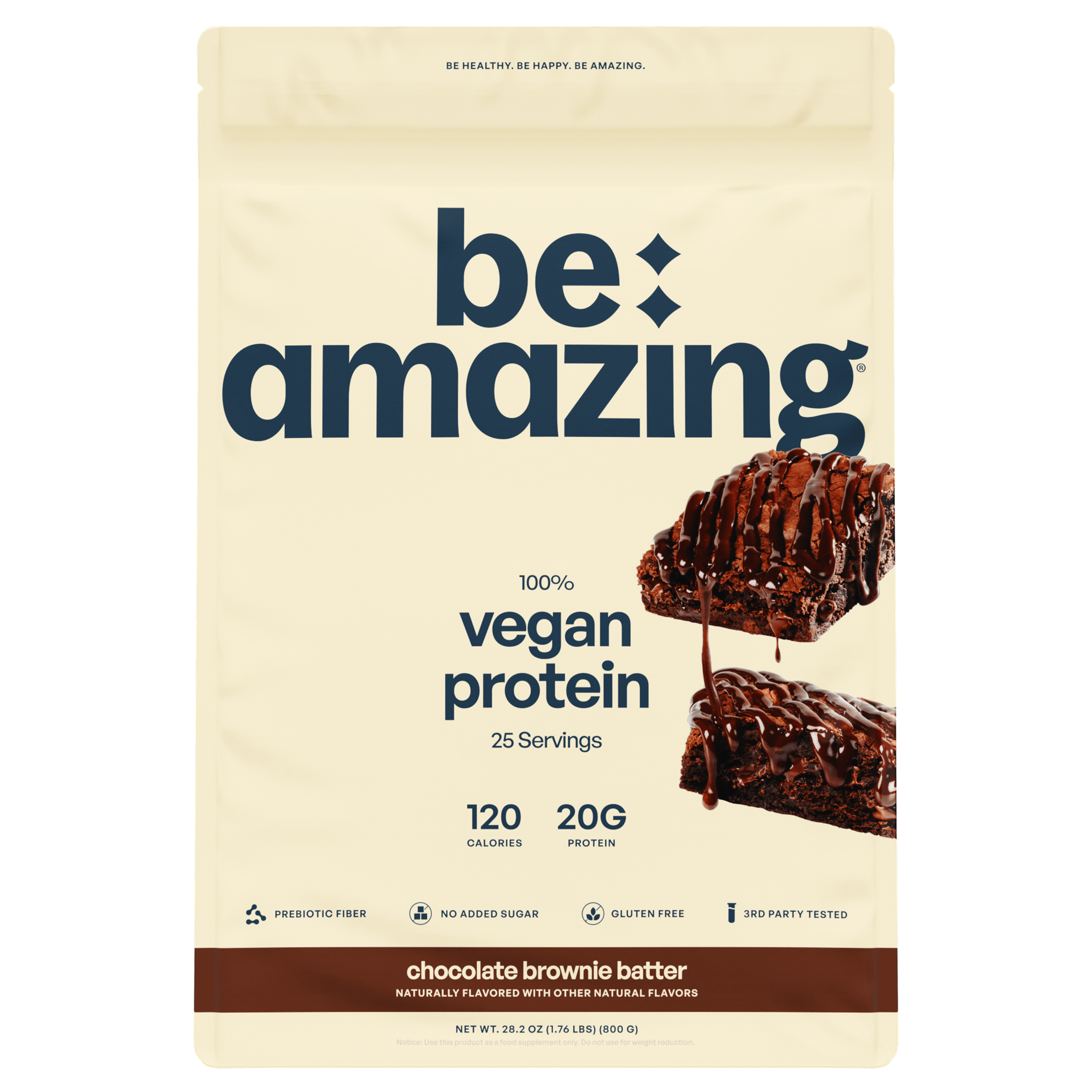 Be Amazing Vegan Protein package with chocolate brownie batter flavor on a beige background