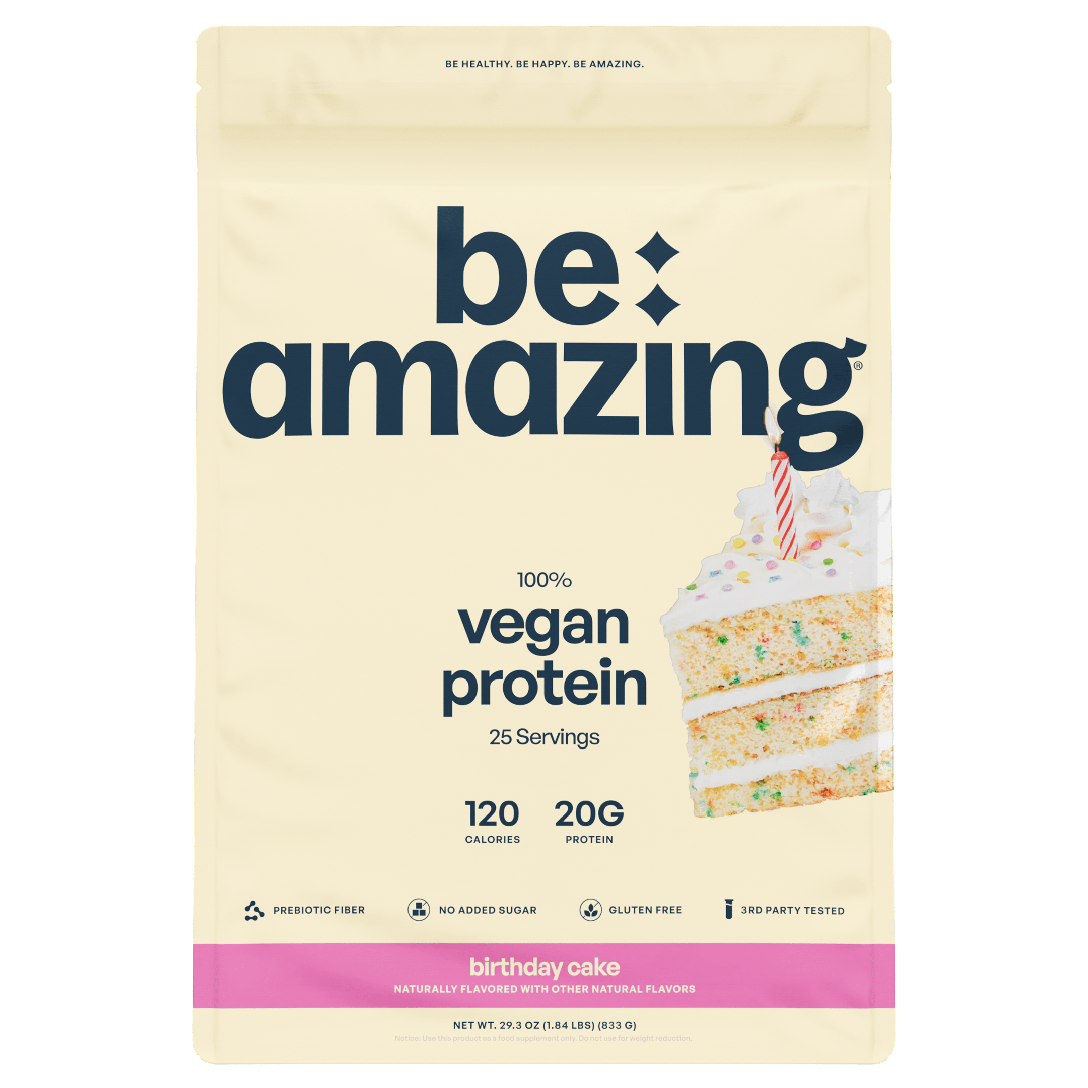 Be amazing vegan protein package with birthday cake flavor on a green background