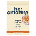 Be amazing vegan protein package with a bowl of brown sugar oatmeal on a beige background