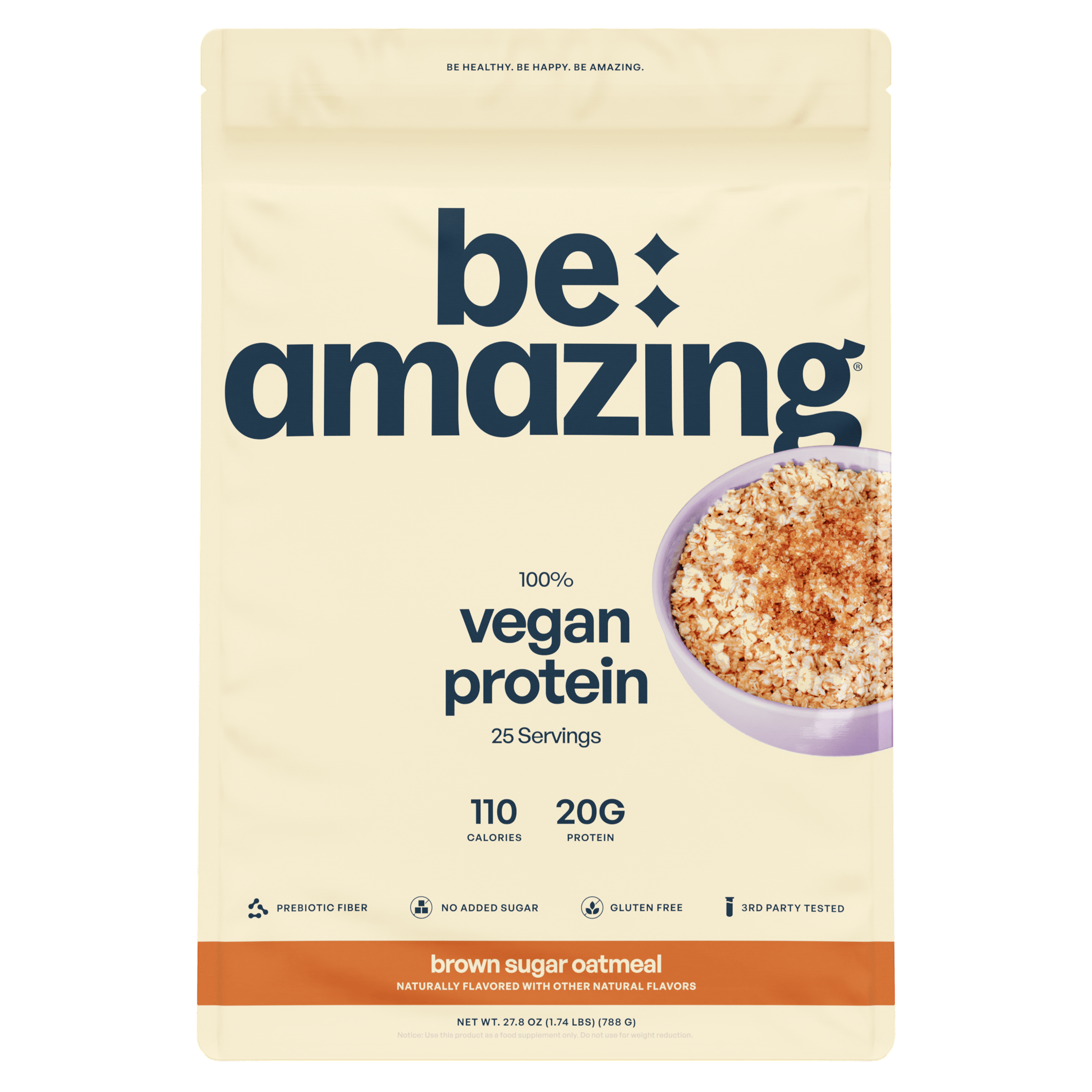 Be amazing vegan protein package with a bowl of brown sugar oatmeal on a beige background