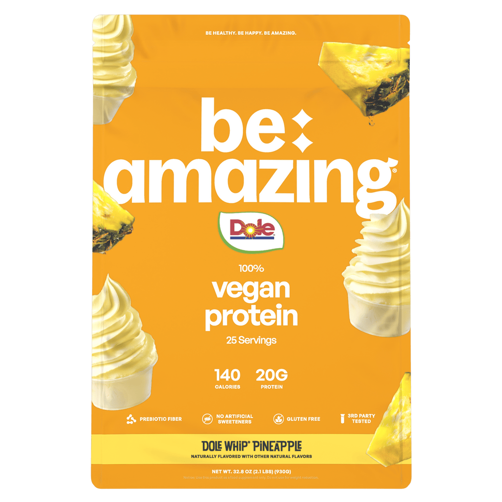 Vegan protein package with pineapple flavor on an orange background