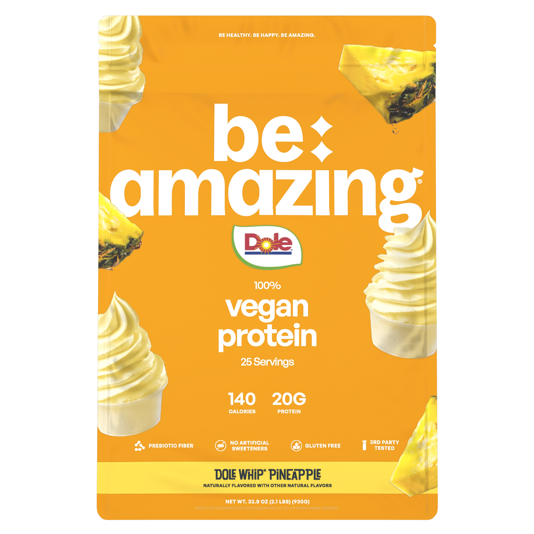 Vegan protein package with pineapple flavor on an orange background