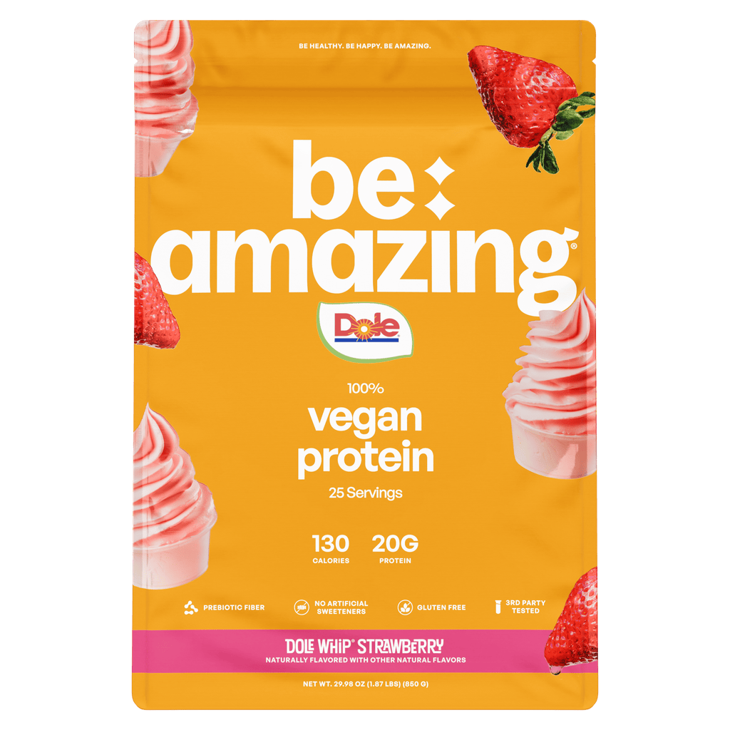 Dole vegan protein package with strawberry flavor on a green background