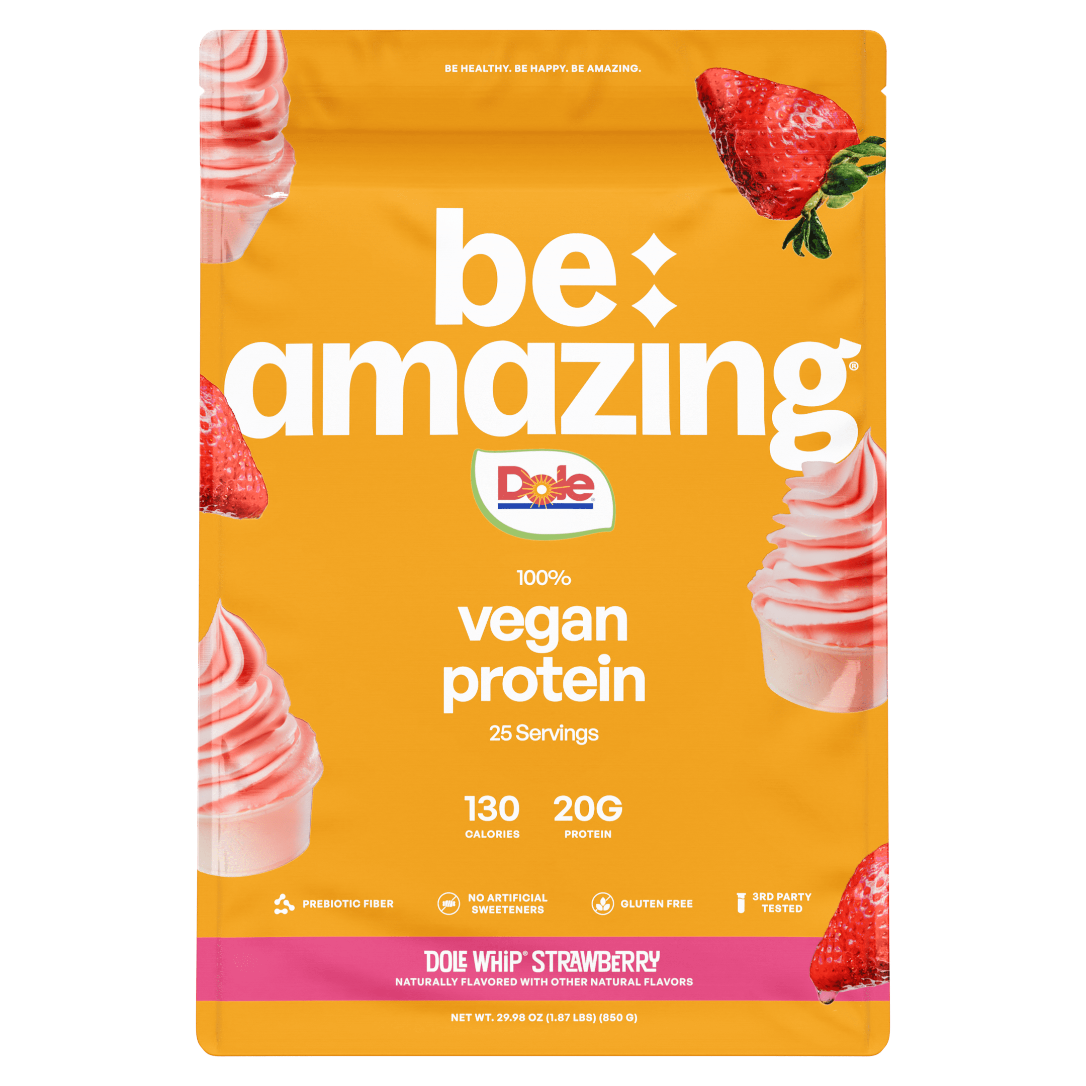 Dole vegan protein package with strawberry flavor on a green background