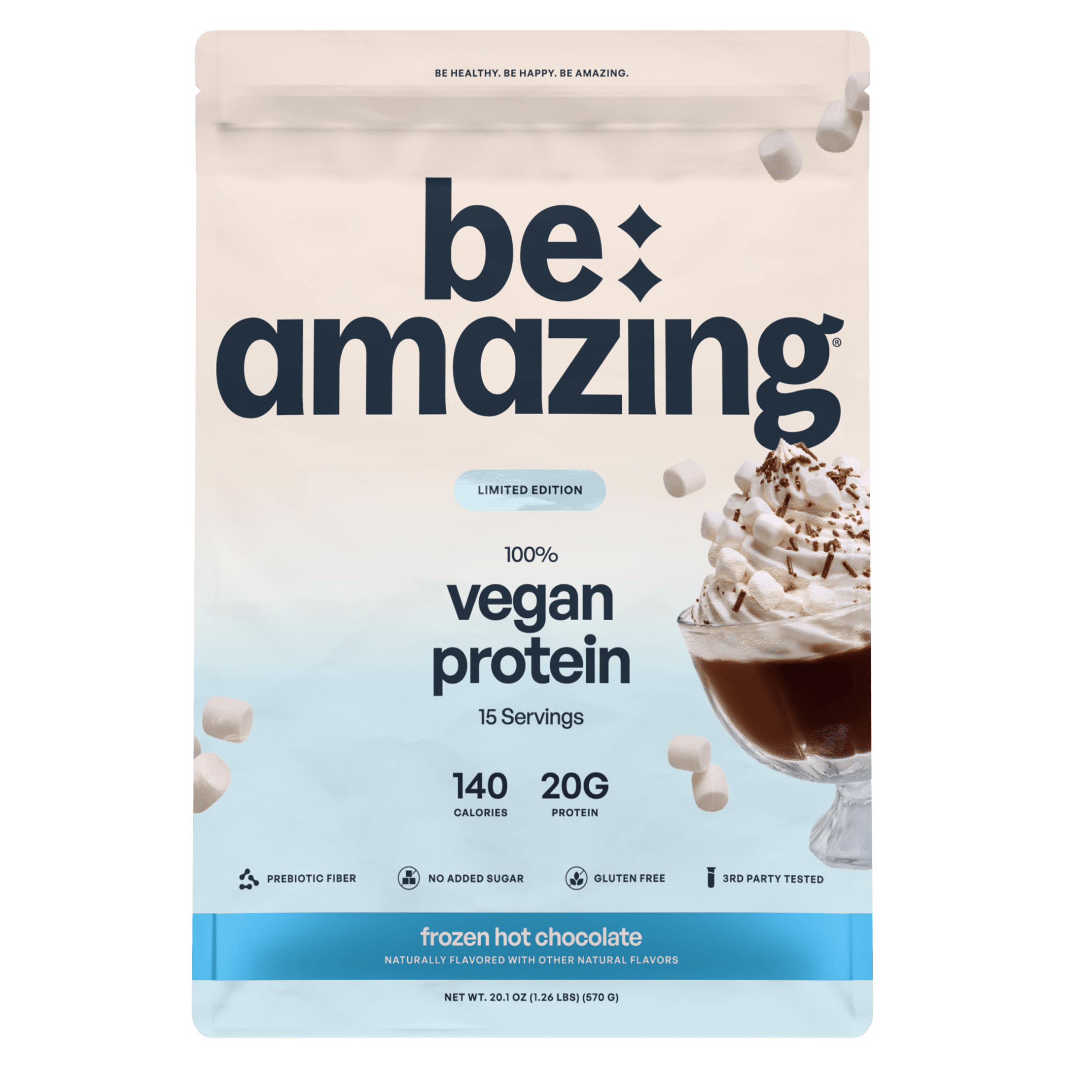 Be Amazing Vegan Protein package for frozen hot chocolate on a green background