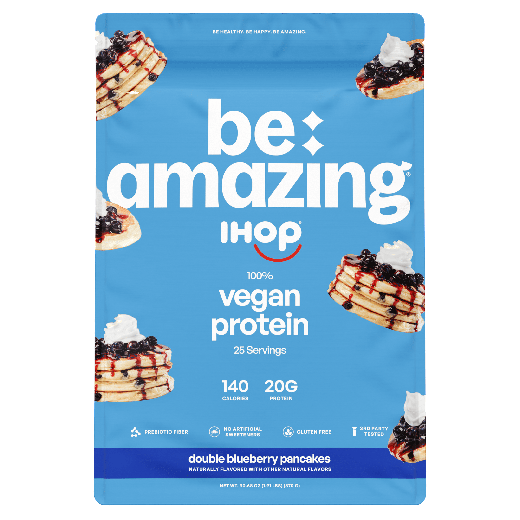 Vegan protein package with blue background and images of pancakes.