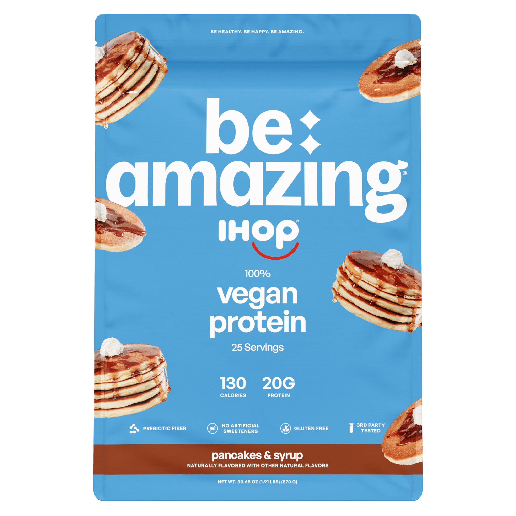 Vegan protein package with pancakes and syrup design on a blue background