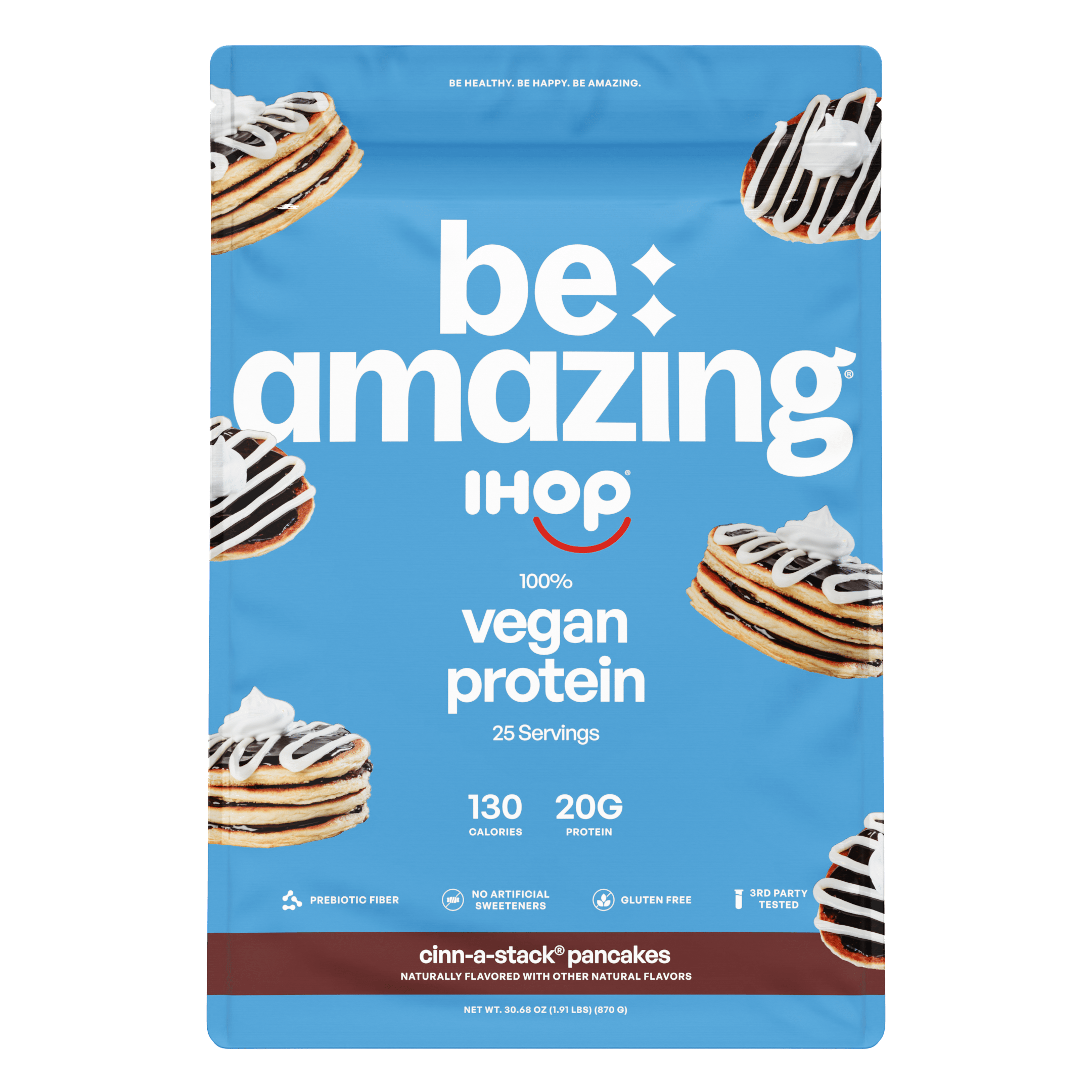 Vegan protein package with 'be amazing' branding and pancake illustrations on a blue background