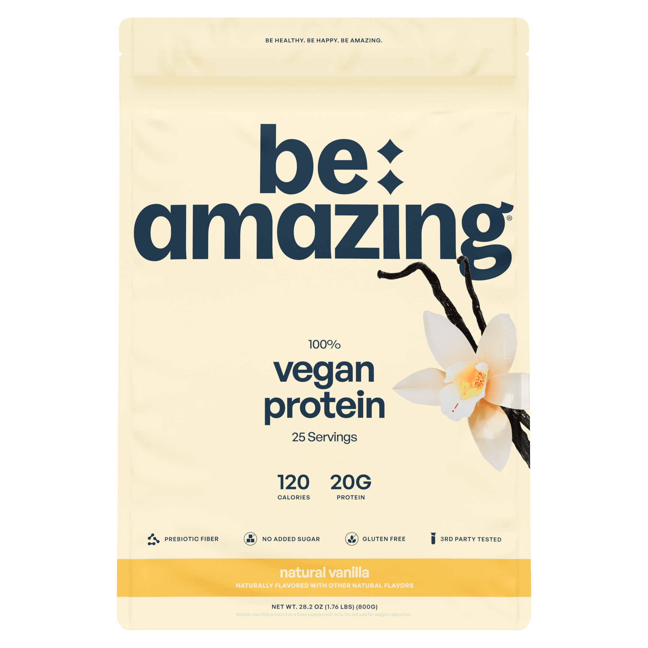Be Amazing vegan protein package with vanilla flavor on a green background